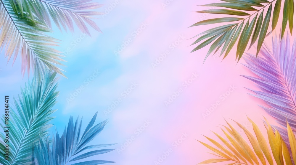 Fototapeta premium Tropical Rainbow Oasis: A vibrant tapestry of nature's hues, featuring an array of colorful palm fronds delicately framing a pastel-colored backdrop, creating a sense of serenity.