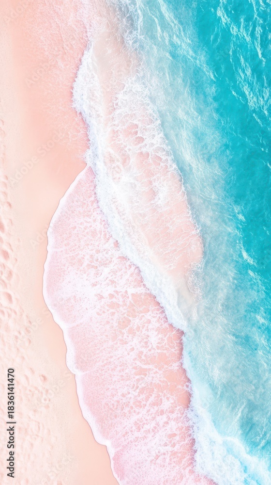 Fototapeta premium Ocean Meets Beach: Captured from an aerial perspective, the turquoise water gracefully merges with a delicate pink beach, showcasing a harmonious dance of nature's elements.