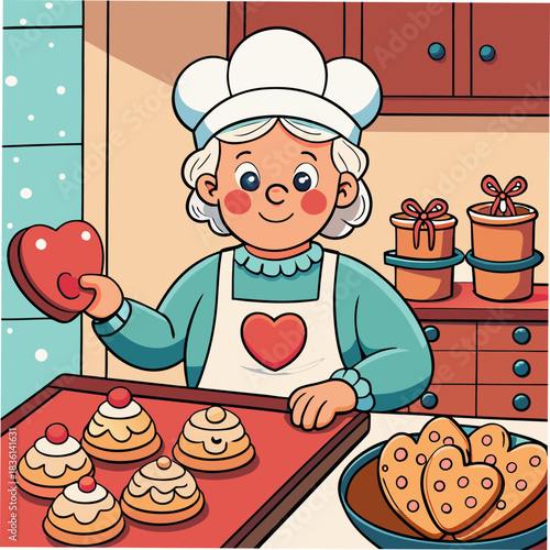 Grandmother happily baking heart shaped cookies and treats in her kitchen