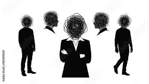Silhouettes of people with scribbled heads stand in contemplation and pose