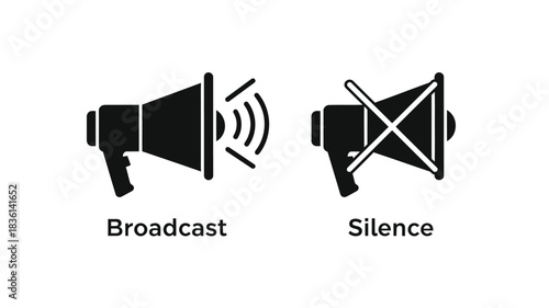 Broadcast and silence symbols contrasting audio control icons in black and white