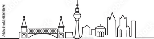 Continuous line illustration of the Berlin skyline with the Oberbaum Bridge in a minimal elegant outline drawing