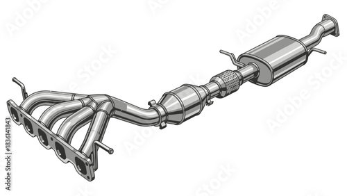A diagram of a 4cylinder performance exhaust header catalytic converter and muffler assembly