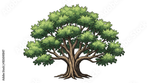 A detailed pixelated illustration of a large mature deciduous tree with a thick trunk