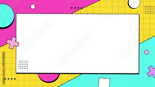 Colorful Memphis geometric background with copy space frame for text or title. Perfect for intro, presentation, template, opener, or playful creative projects.
