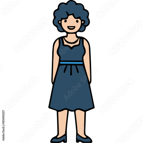 Full Body Studio Portrait of a Smiling Woman With Blue Curly Hair Wearing A Navy Blue Knee Length Dress And Matching Shoes Against A Black Background