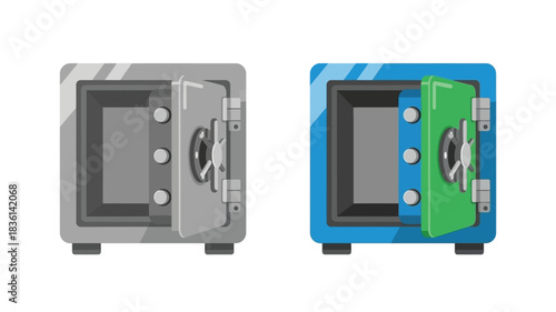 Two safes depicted one gray with an open door and one blue