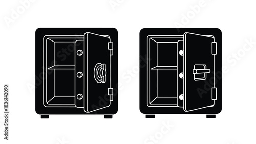 Two black and white illustrations of open safes security and protection