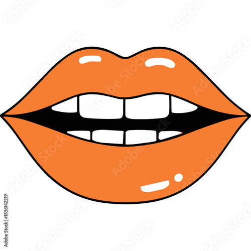 Glossy Orange Lips Wide Open Against Black Background Expressing Surprise Emotion or Discovery with Detailed Highlights and Reflections
