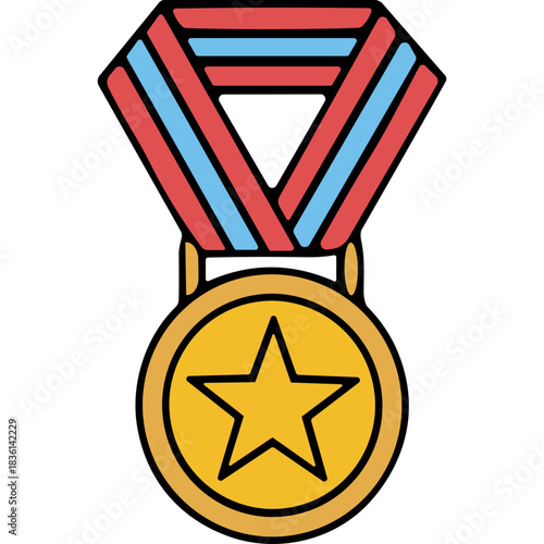 Gold medal with a red blue and yellow ribbon award for achievement and success in competition and victory on a black background
