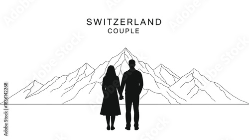 Silhouette of a couple holding hands against a swiss mountain backdrop