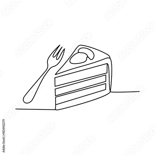 Simple Minimalist Cake Slice on a Plate with Fork Line Art Illustration
