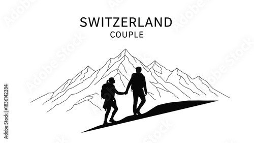 A couple silhouetted against a mountainous landscape with the word switzerland