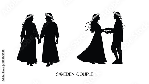 Silhouettes of a swedish couple holding hands in traditional attire
