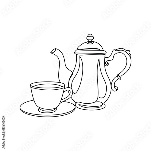 Elegant Vintage Style Teapot and Cup Line Art Illustration