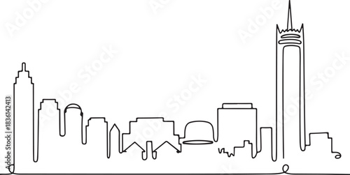 Continuous line illustration of the Boston skyline with the Prudential Tower and historic rooftops in a minimal elegant outline drawing