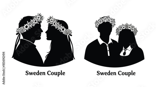 Silhouettes of couples wearing floral crowns representing swedish midsummer traditions