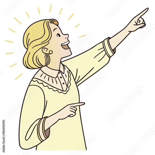 Woman joyfully pointing upwards with a bright idea radiating