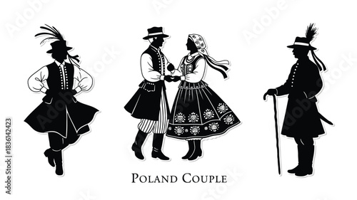 Elegant silhouettes of a polish couple dancing with traditional attire