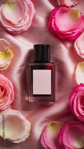 A sleek perfume bottle rests on a satin surface, surrounded by beautiful pink and white rose petals, creating a luxurious and romantic ambiance.