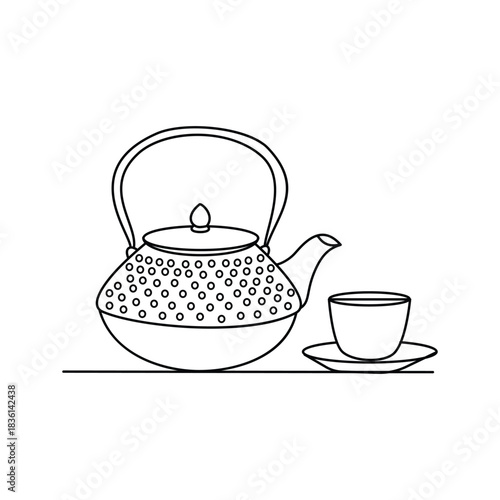 Traditional Teapot and Cup Set with Patterned Design Minimal Line Art Illustration