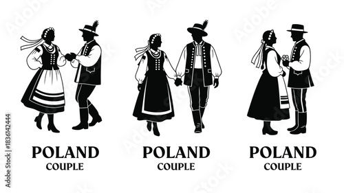 Traditional polish couples in vintage attire a black and white illustration