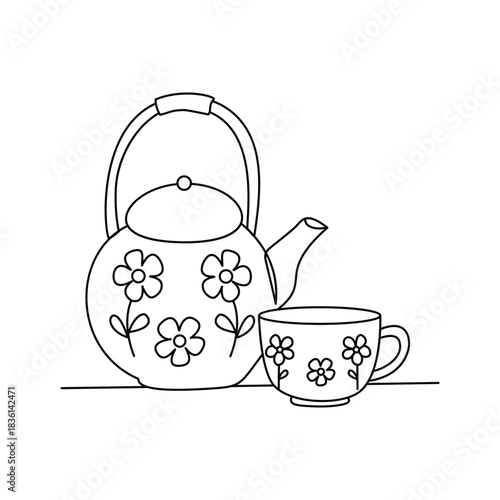 Minimalist Floral Patterned Teapot and Cup Set Line Art Illustration