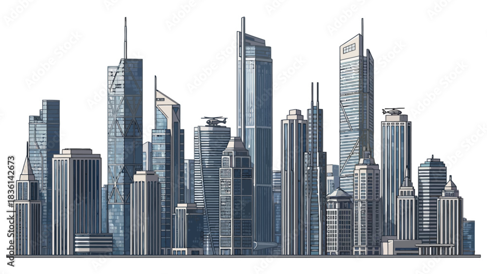Fototapeta premium A pixelated illustration of a modern city skyline with various skyscrapers