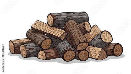 A pile of stacked illustrated logs with visible bark textures and crosssections