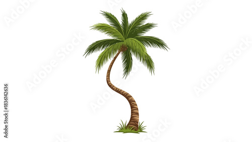 A pixelated illustration of a curved palm tree with green fronds on white