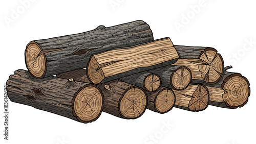 A pile of stacked logs with varied bark and crosssections against white