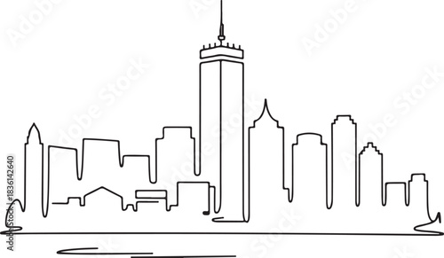 Continuous Line Boston Skyline with Prudential Tower and Balanced Thin Contour Minimal Artistic Illustration