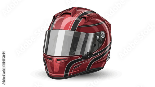 A red racing helmet with black stripes and a reflective visor on a white background