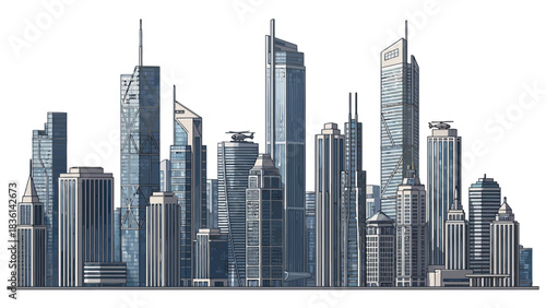 A pixelated illustration of a modern city skyline with various skyscrapers