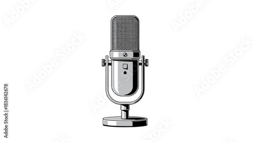 A stylized illustration of a vintage silver broadcast microphone on a stand