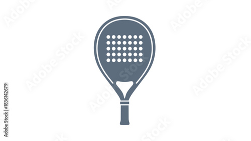 A stylized solid gray graphic of a padel tennis racket with circular holes on the face