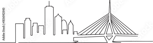 Continuous line illustration of the Boston skyline with the Zakim Bridge in a minimal elegant outline drawing