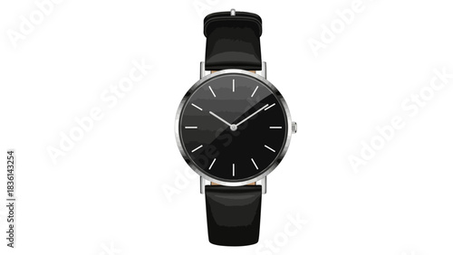 Analog wristwatch with black face and leather strap on white background