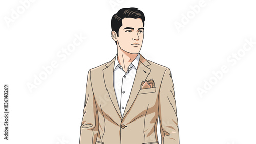 Animated male figure in a tan blazer and white buttondown shirt