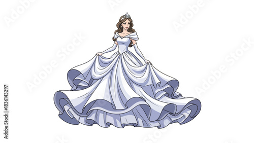 Animated woman in a voluminous white ball gown and tiara