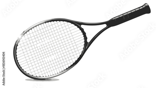 Black and white illustration of a tennis racket resting on a surface