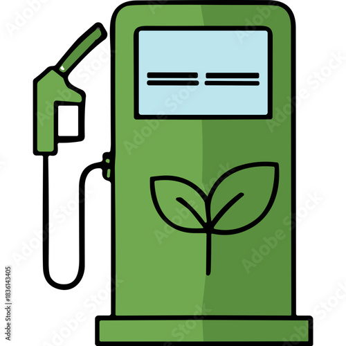 Green fuel pump with leaf symbol representing eco friendly energy and sustainable resources