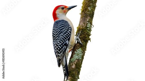 Red bellied woodpecker perched on a mossy tree branch in the forest