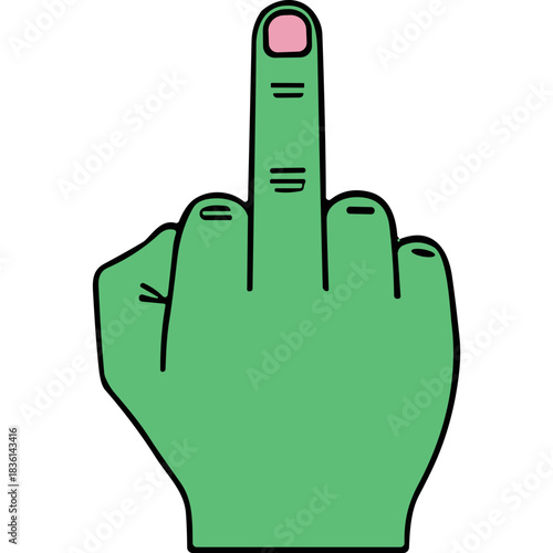 Green Hand Making Middle Finger Gesture Against Black Background Bold Graphic Illustration Middle Finger Symbol Of Defiance And Disrespect