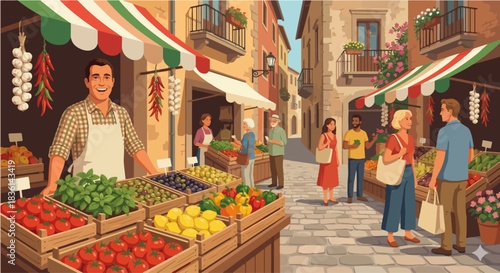 Bustling Italian Market Street with Fresh Produce Vendors and Cobblestone Lane Illustration