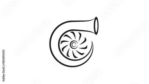 Black and white line art illustration of a turbocharger scroll and compressor wheel
