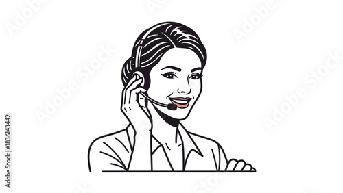 Black and white line art of smiling woman with headset over white background