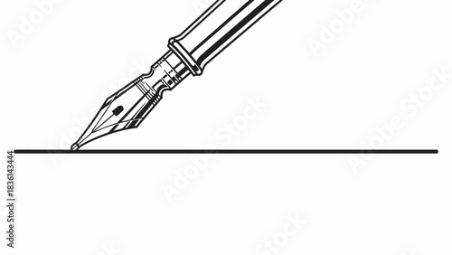 Black and white line drawing of a fountain pen nib writing a horizontal line