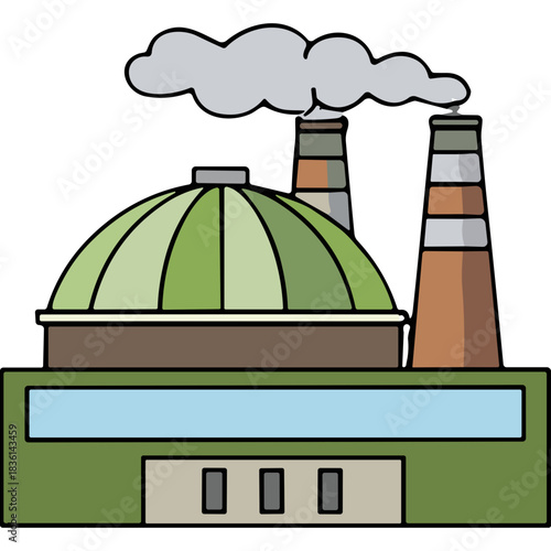 Green Industrial Factory With Large Dome Structure And Two Tall Smokestacks Emitting Gray Smoke Under A Transparent Sky