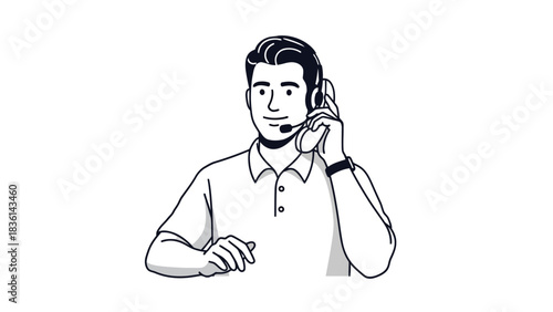 Black and white line drawing of a man wearing a headset and polo shirt